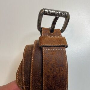 Vintage 90’s Levis Roller Belt Brass Buckle Made In USA Brown Cowhide Sz 38 3021